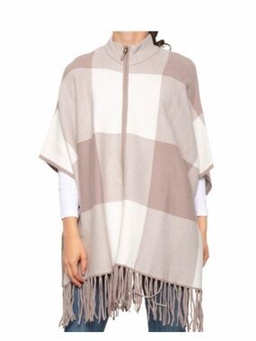 Christian Siriano Taupe and Cream Checked Zip-Front Poncho